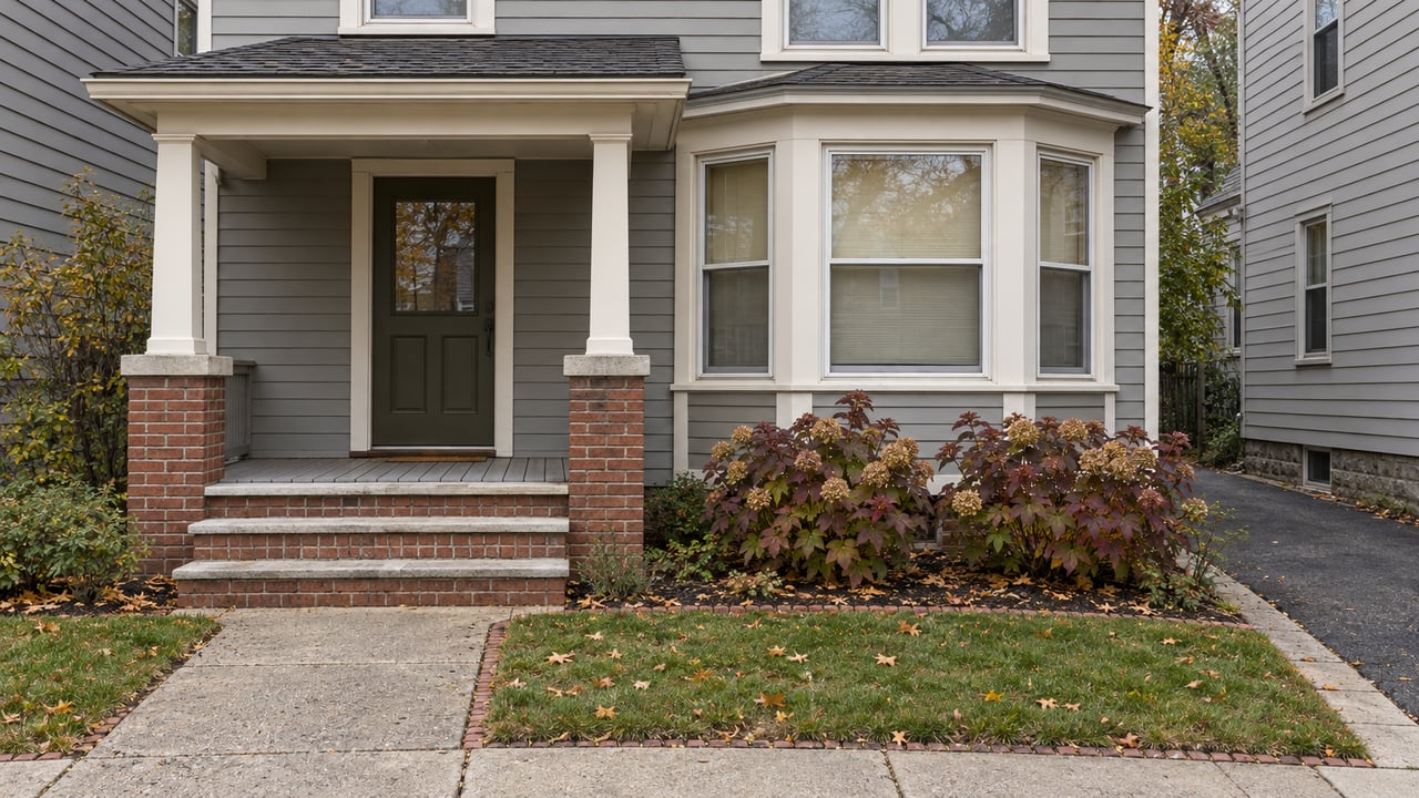 Gray clapboard house with a covered porch, red-brick steps and a projecting bay above a small autumn garden.