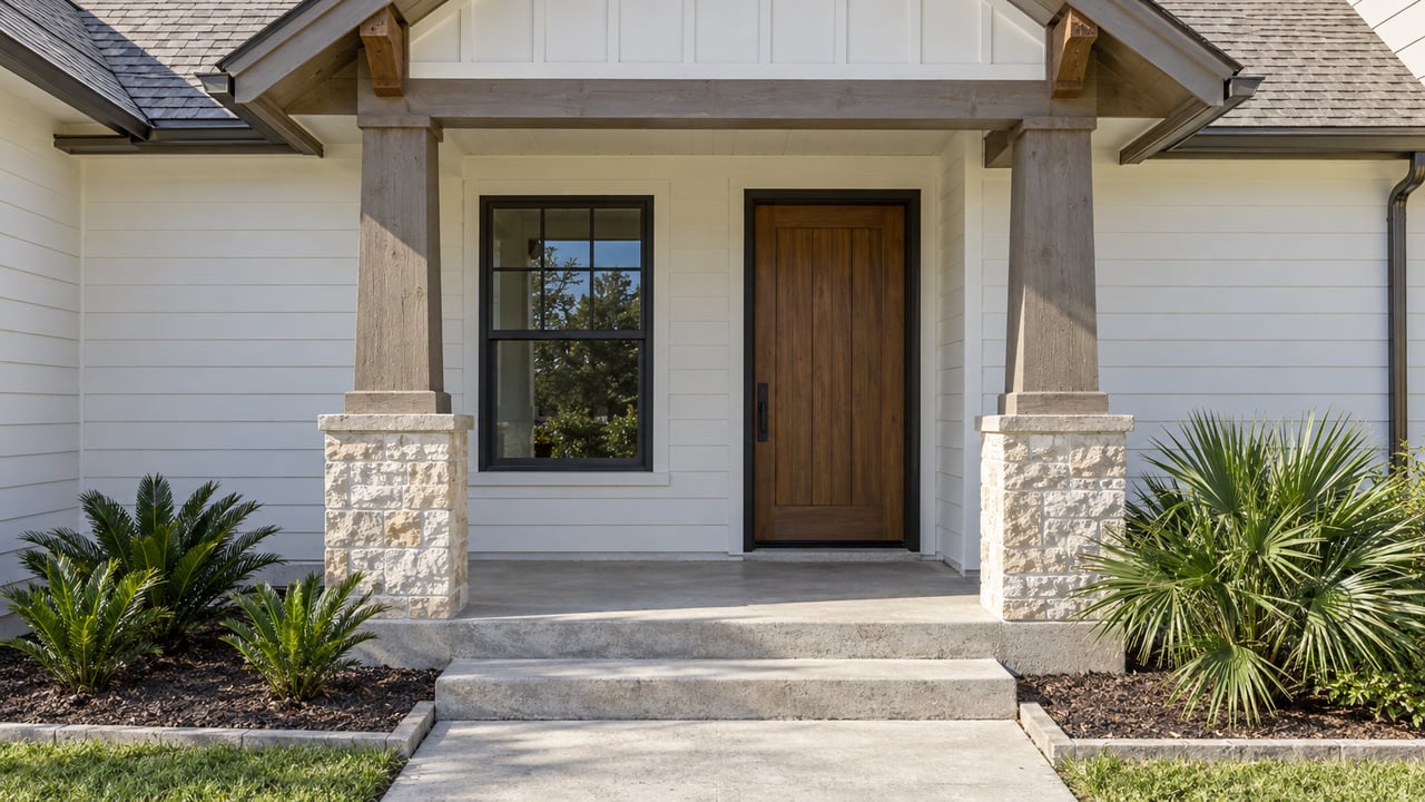 White-sided home entry with a walnut door, timber porch posts on stone bases, concrete steps and sculptural subtropical planting.