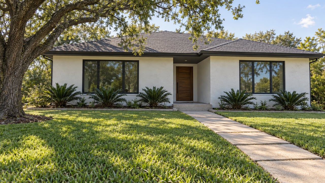 White stucco single-story home with charcoal-framed windows, a wood entry door and a paver walk across a shaded front lawn.