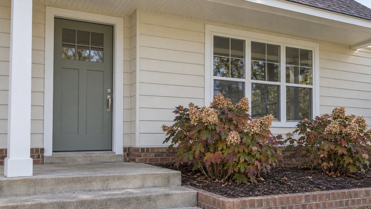 Morning light across an ivory-sided home's gray-green front door, brick foundation, concrete steps, and oakleaf hydrangeas with autumn foliage.