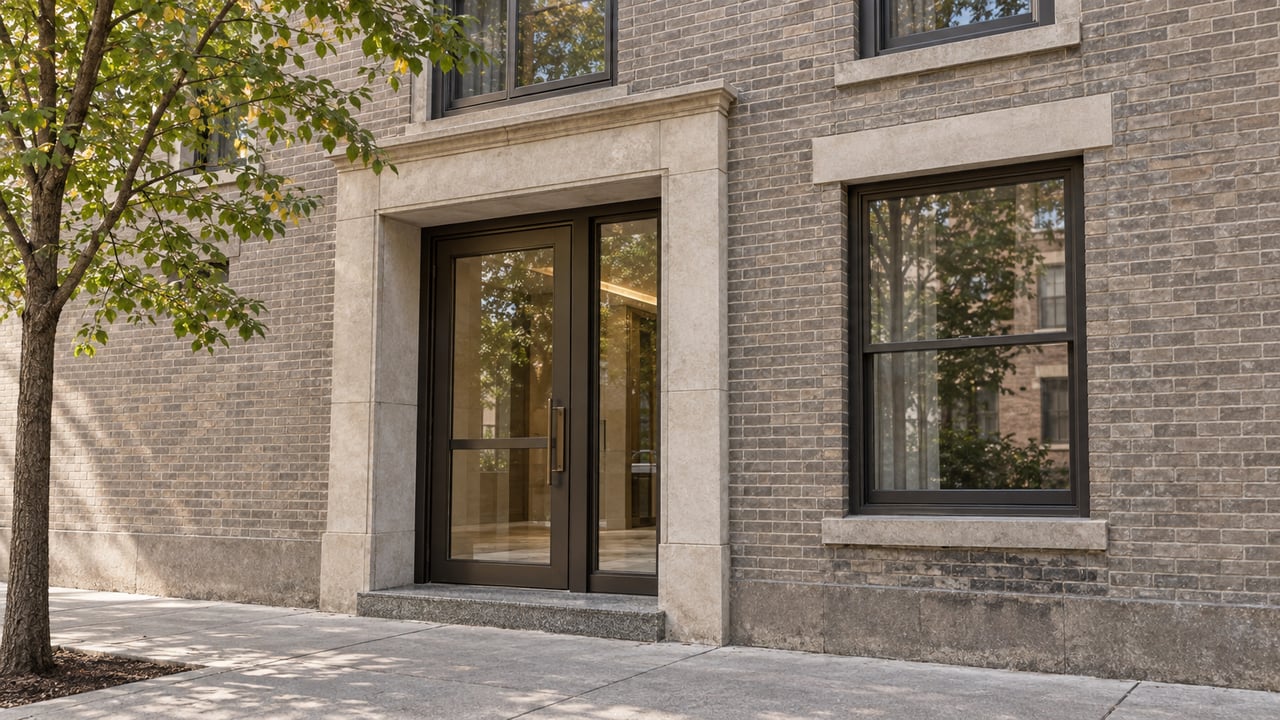 Recessed glazed entrance in a weathered brick apartment facade, beside a tall window and sidewalk tree.