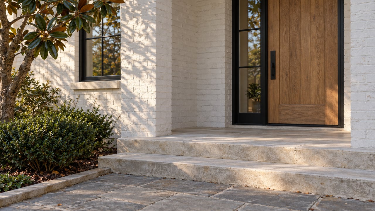 Recessed white-brick entry with an oak door, black-framed sidelight, limestone steps, and magnolia leaves.