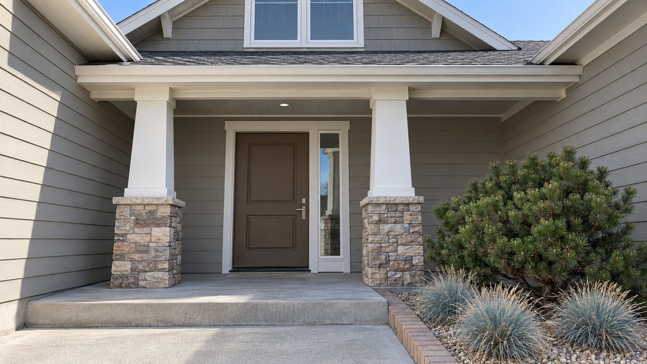 Recessed entry of a gray lap-sided home with stone-based porch columns, a concrete approach and a small planted gravel bed.