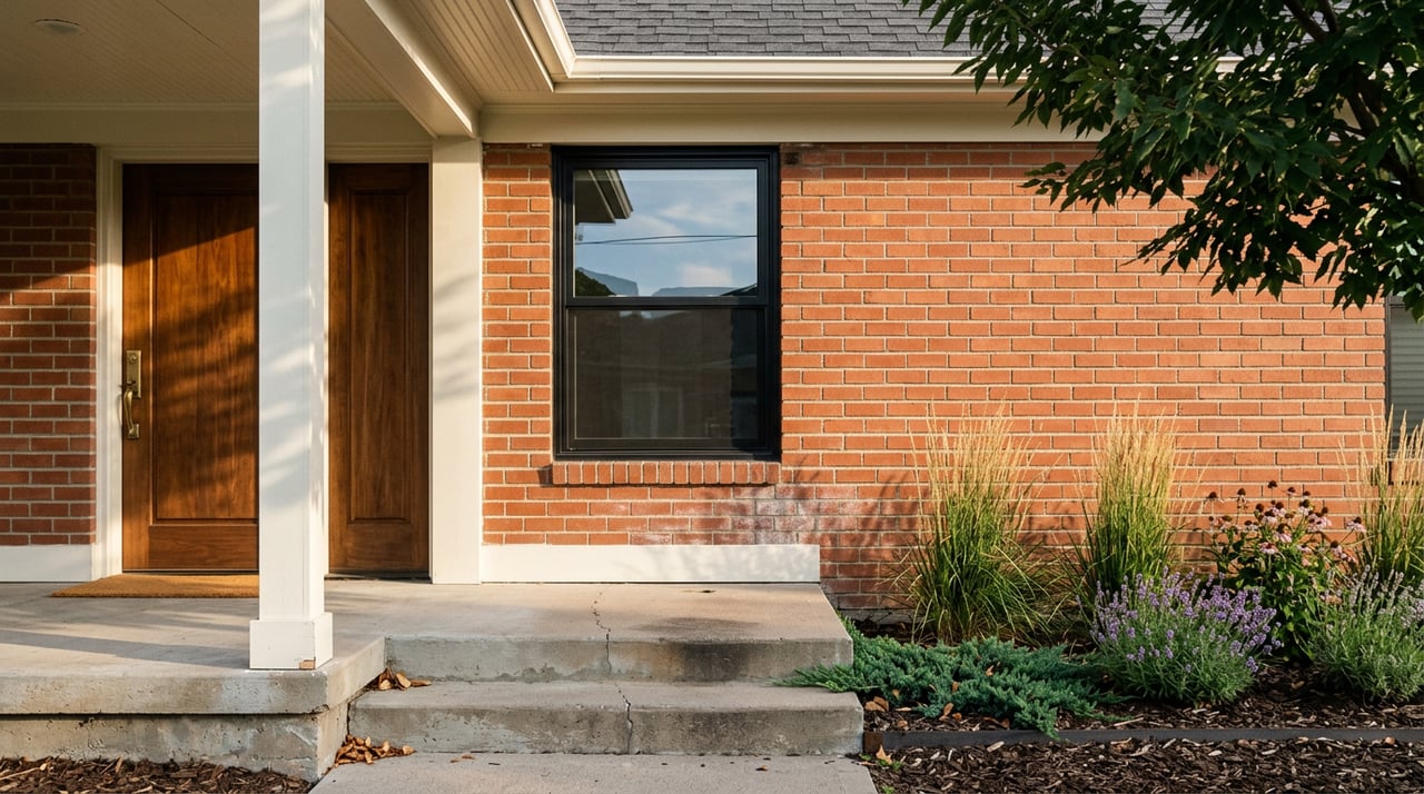Brick bungalow porch with walnut-toned door, black-framed window, concrete steps, and flowering plants.