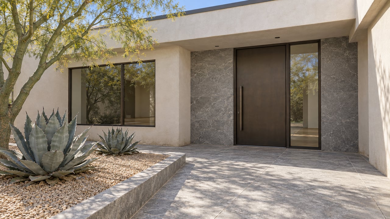 Contemporary stucco home entry with a bronze door, gray stone paving, blue-green palo verde and two sculptural agaves.
