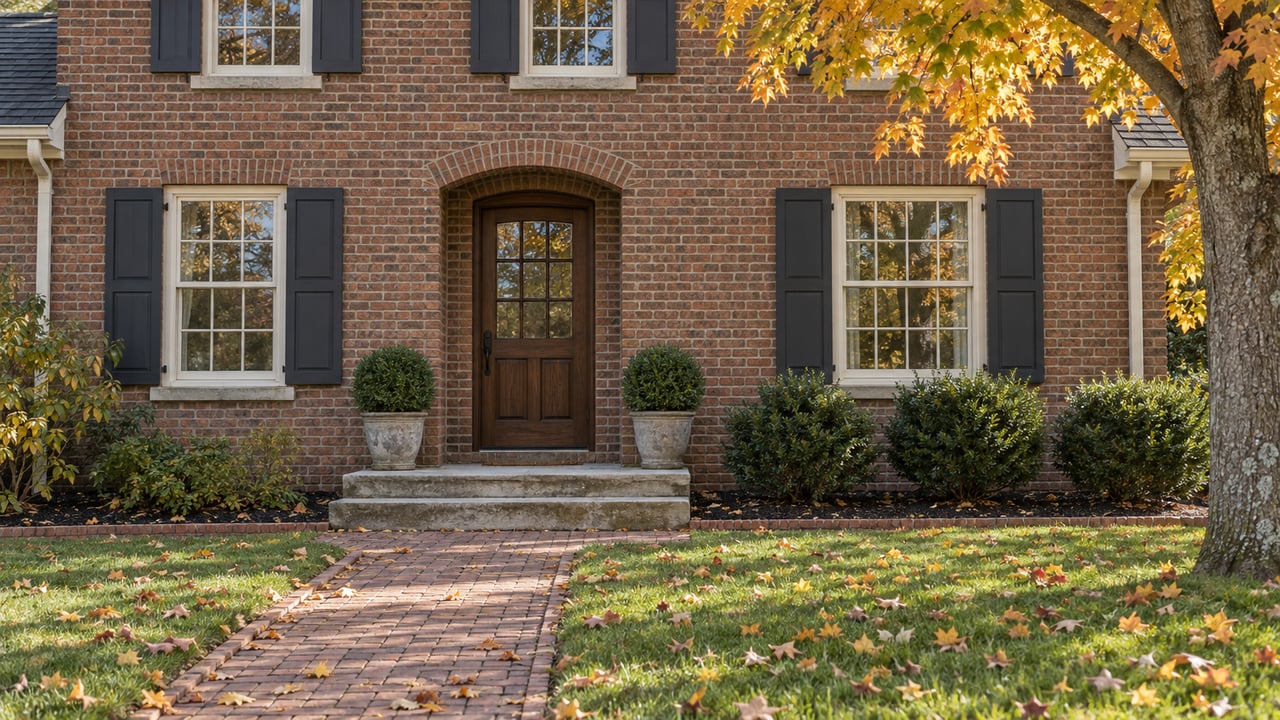 Autumn sunlight grazes a brown-red brick home with cream divided-light windows, charcoal shutters, an oak entry door, and a clay-paver approach beneath an amber maple.