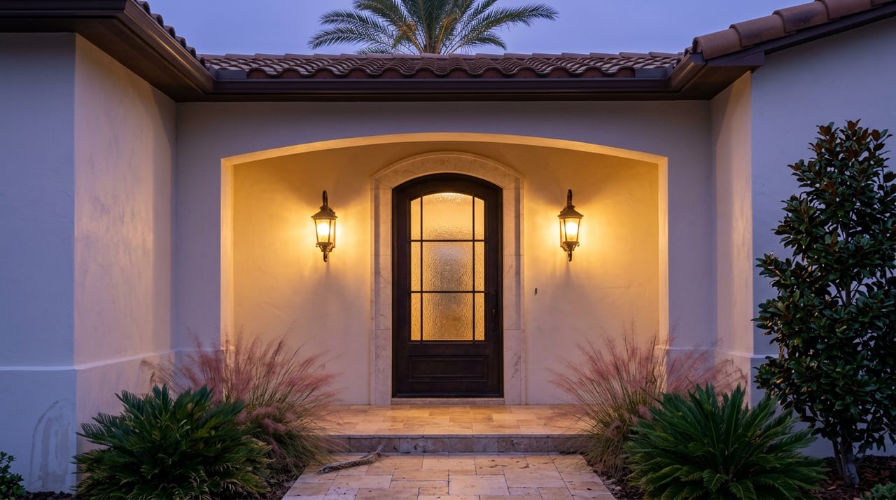 Arched stucco entry with an iron-and-glass door, glowing sconces, and flagstone steps at dusk.