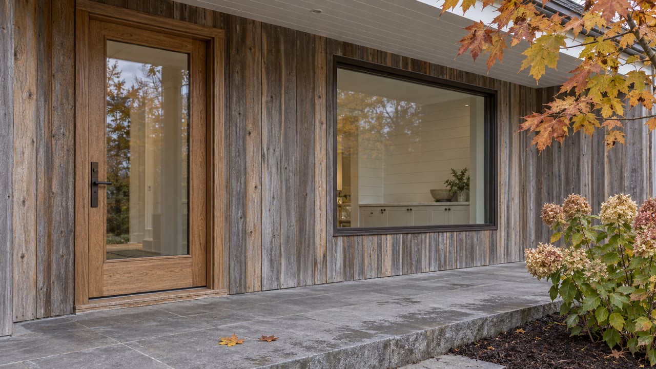 Weathered cedar cottage entry with oak-framed glass door, large window, limestone porch and autumn hydrangea.