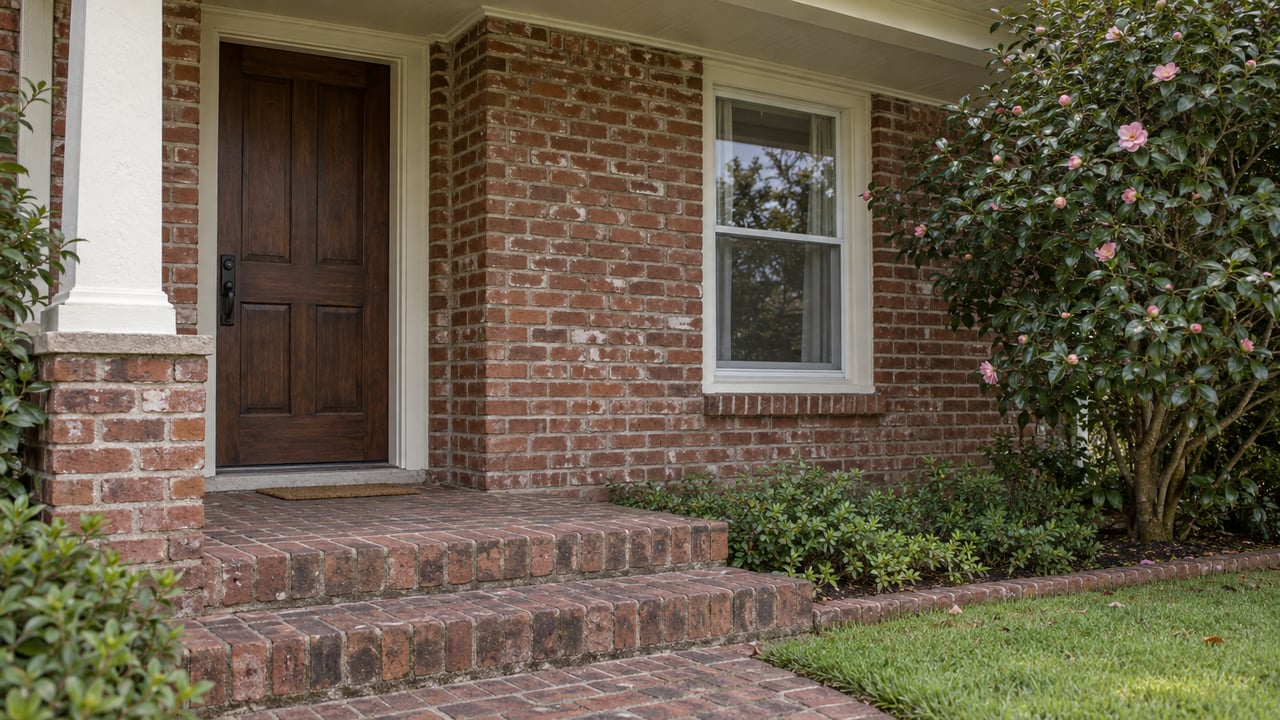 Brick bungalow entry with a dark timber door, double-hung window, worn stoop, and glossy camellia foliage.