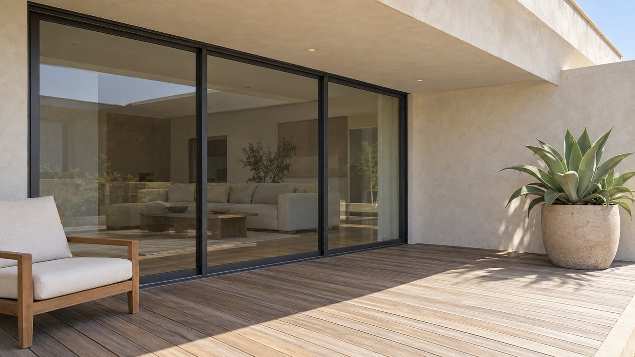 Sunlit teak terrace with pale stucco walls, closed floor-to-ceiling glass, a linen-cushioned lounge chair and a sculptural agave in a clay planter.