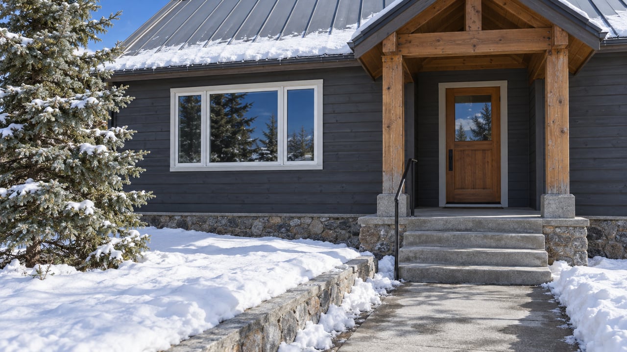 Snow-lined concrete walk leading to a timber porch on a charcoal-sided home with a steep metal roof.