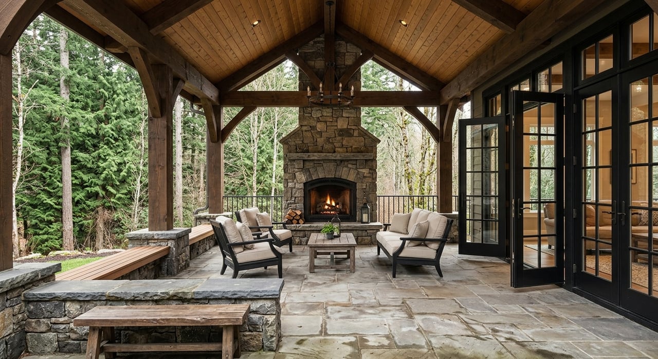 Flagstone terrace beneath a cedar patio roof, with a ledgestone fireplace, black-framed French doors, and clipped lawn.