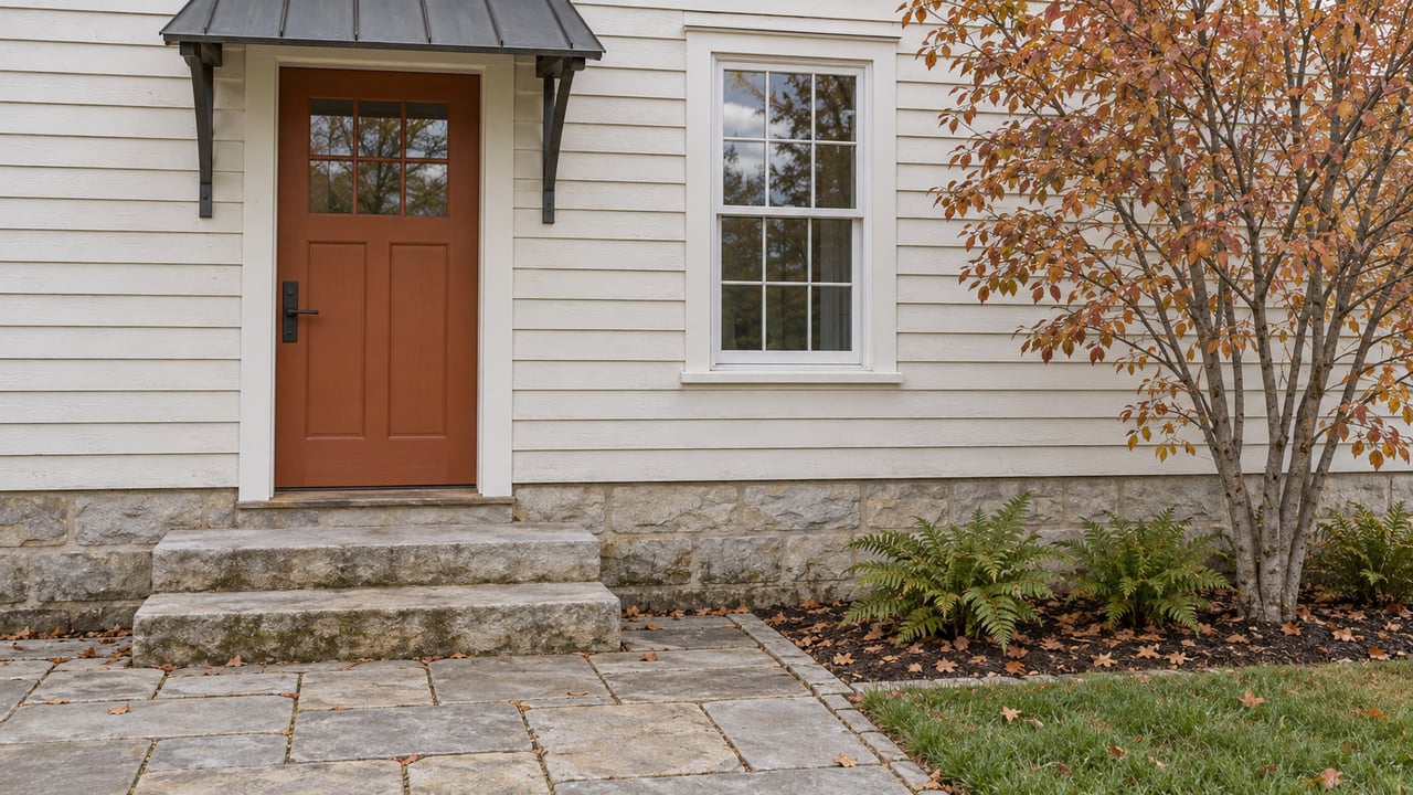 Burnt-orange farmhouse door beneath a charcoal metal canopy, with off-white clapboard siding, limestone steps and copper serviceberry leaves.