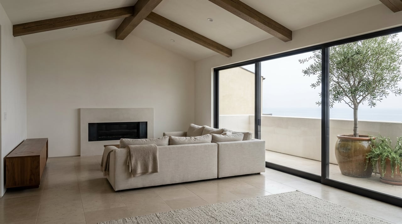 Living room with oak ceiling beams, linear fireplace, pale sectional, and terrace olive tree.