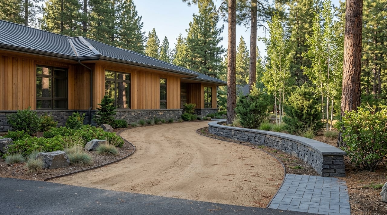 Modern mountain home set back behind a curving driveway.