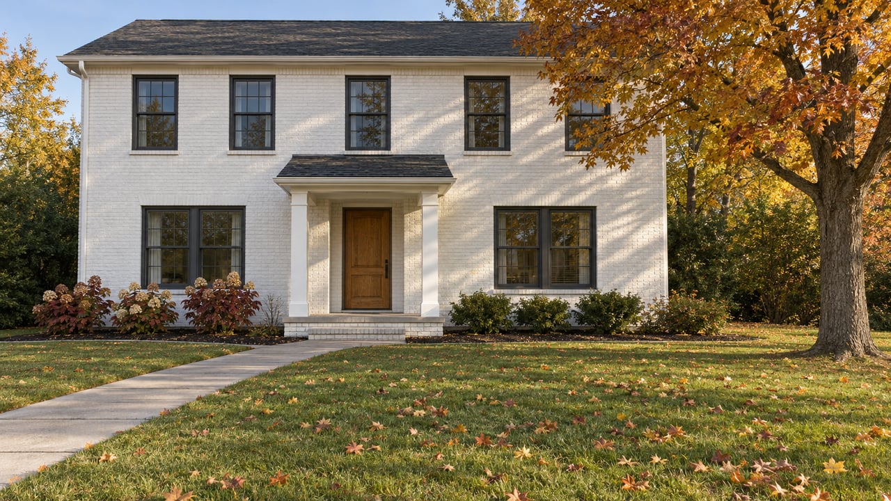 White-painted brick family home behind a broad autumn lawn, with a gold-leaved sugar maple and a covered oak-door entrance.