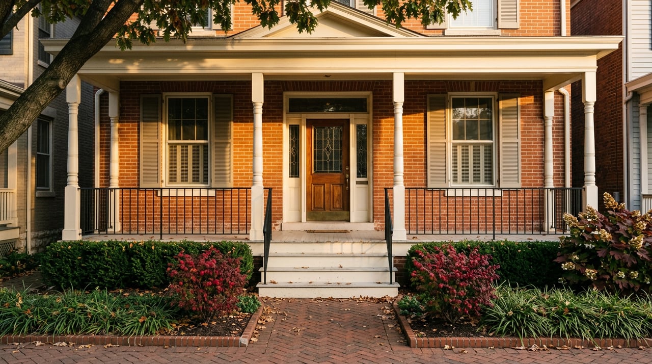 Historic red-brick home with a white-columned porch, leaded-glass entry, and crimson shrubs beside a herringbone walk.