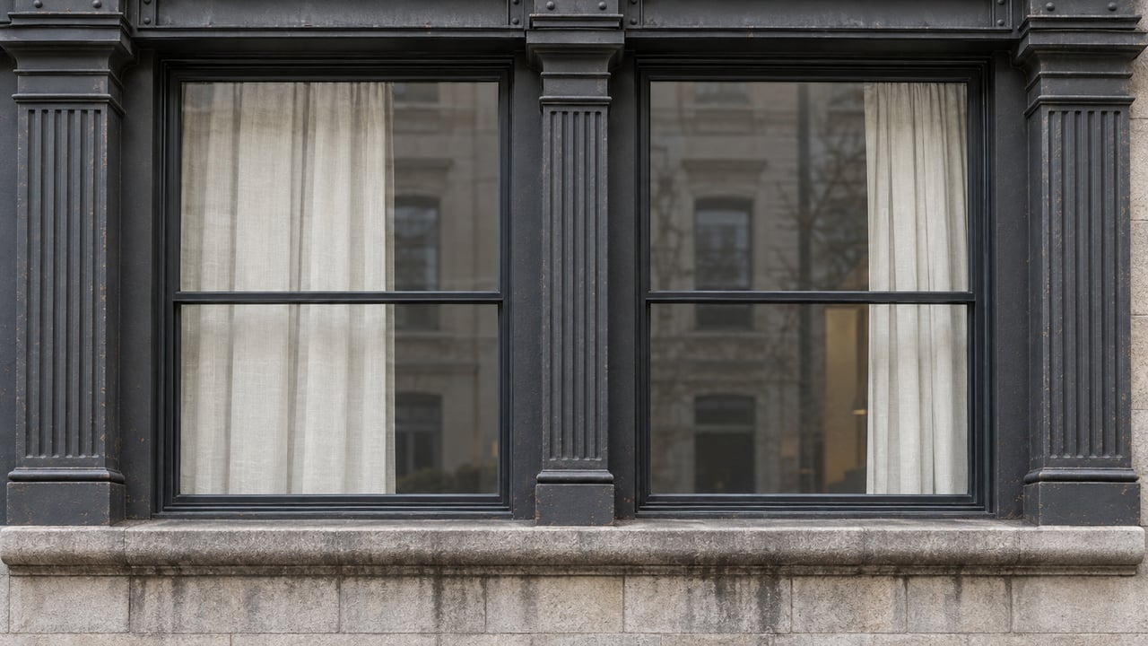 Two tall closed loft windows framed by charcoal cast-iron pilasters above a weathered limestone sill in soft morning light.