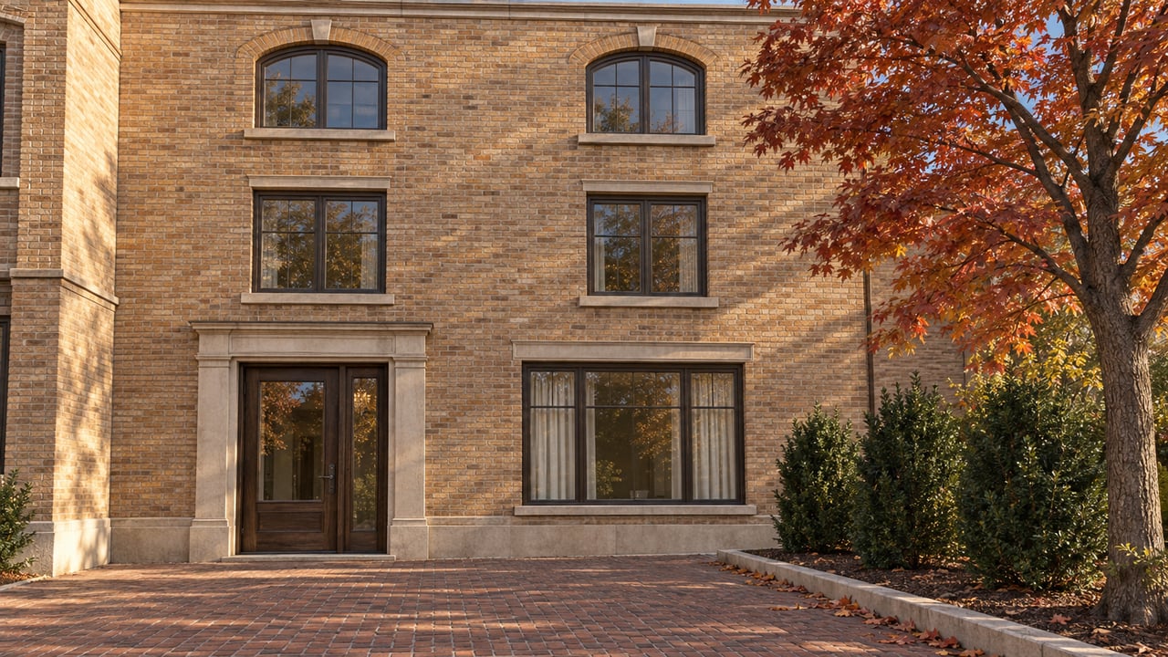Warm brick residential building with arched upper windows, a glazed oak entrance and an autumn maple beside a brick forecourt.
