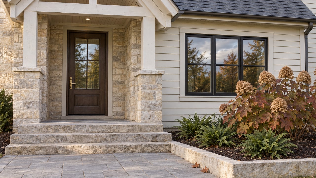 Limestone and cream-sided home entry with a dark oak door, black-framed window, broad stone steps and copper-colored oakleaf hydrangea.