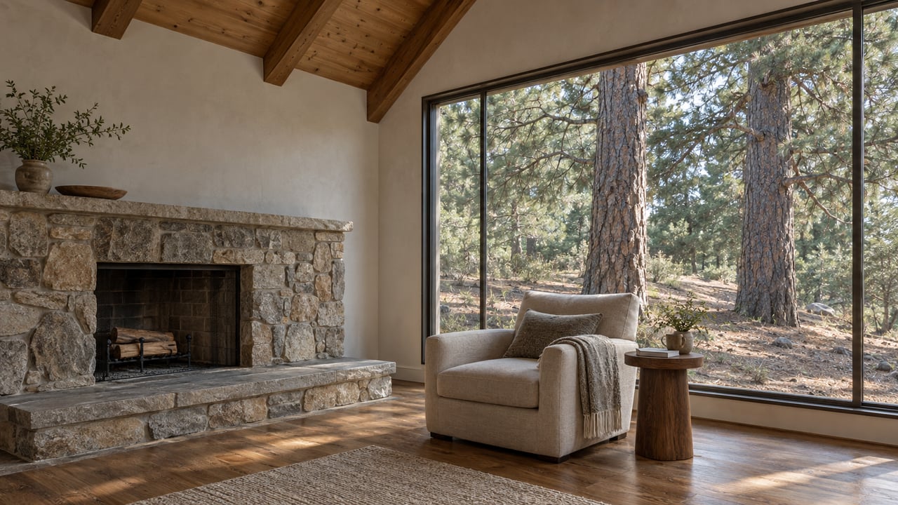 Stone fireplace and linen armchair beside a large window overlooking two pine trees.