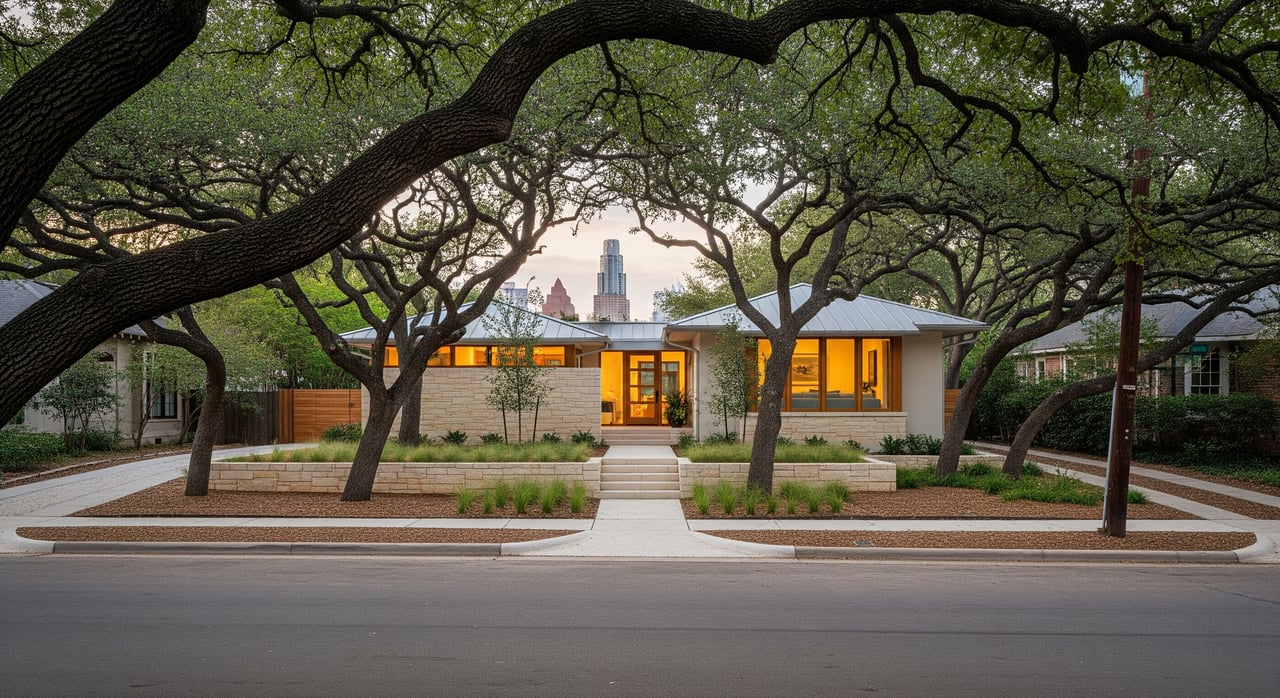 Low modern house with glowing windows beneath sprawling oak branches, with downtown skyscrapers rising behind it.