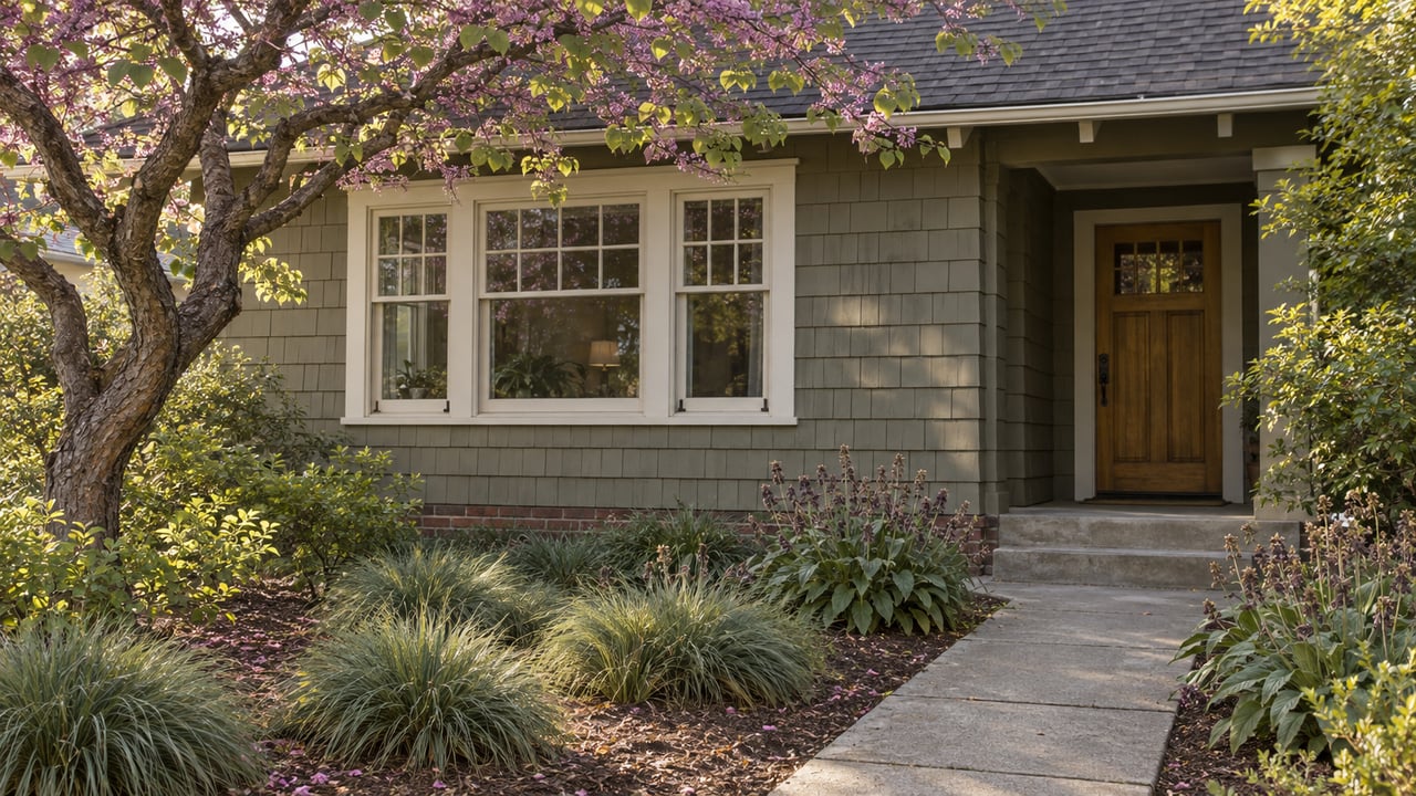 Olive-gray shingle bungalow behind a planted garden, with a redbud tree and narrow concrete path to the entry.