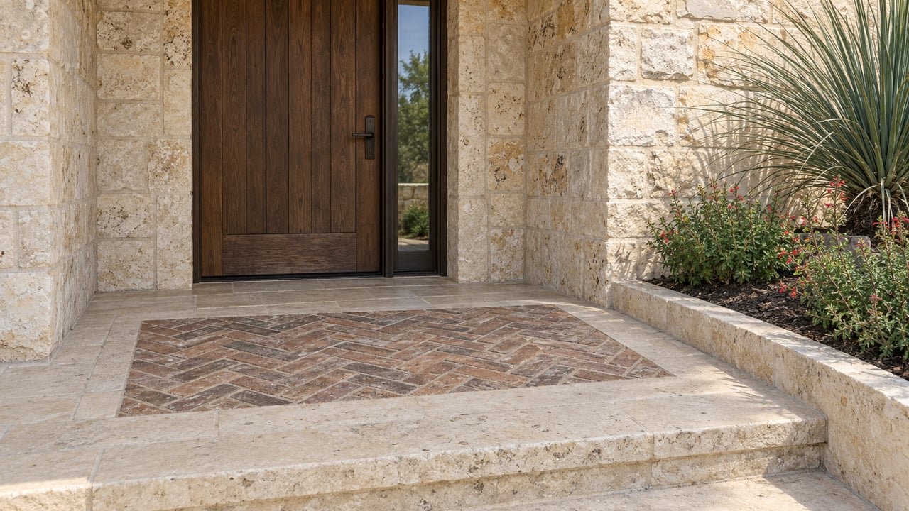 Deep-set oak front door in textured limestone above a flagstone landing with a weathered herringbone brick inset and sculptural planting.