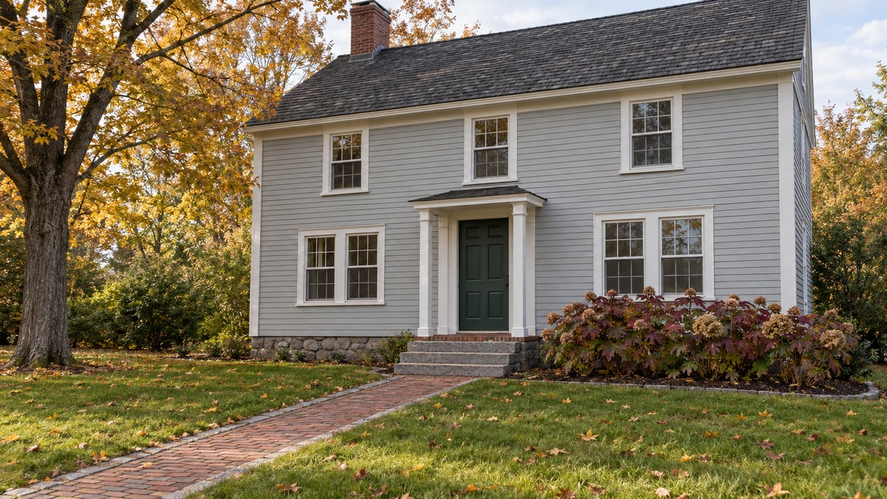Gray clapboard home with a green front door, granite steps and an amber sugar maple above a deep autumn lawn.