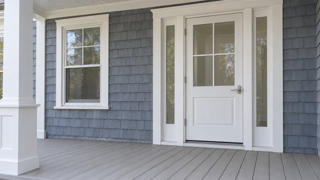 Blue-gray shingled house entrance with white trim, a glazed door and gray porch decking in soft autumn daylight.