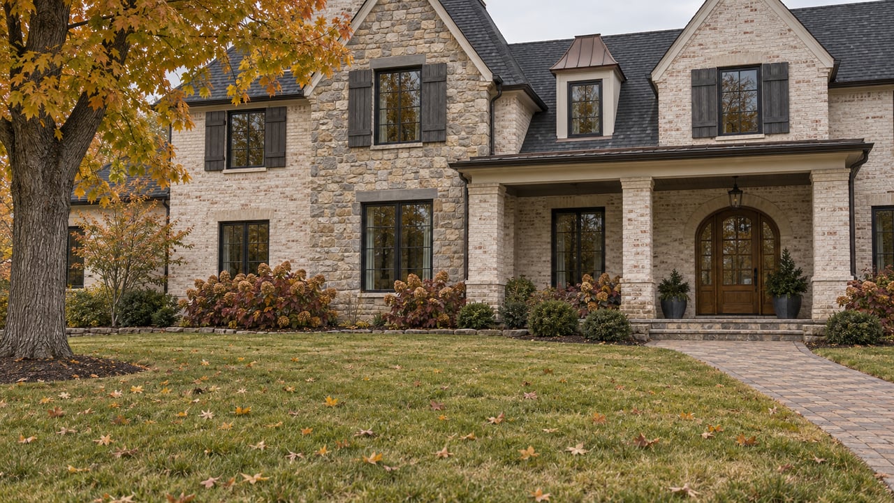 A broad autumn lawn leads to a large ivory-brick and stone home with steep charcoal gables, a deep porch, and an amber-leaved maple.