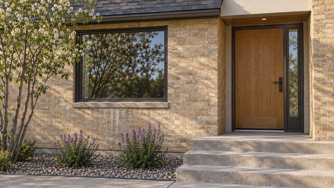 Buff brick house entry with recessed oak door, picture window, concrete steps, and serviceberry branches.