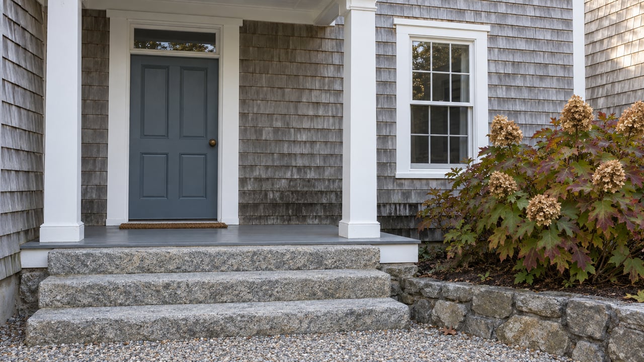 Weathered gray shingle home with a covered slate-blue entry, white-trimmed window, granite steps and an autumn oakleaf hydrangea.