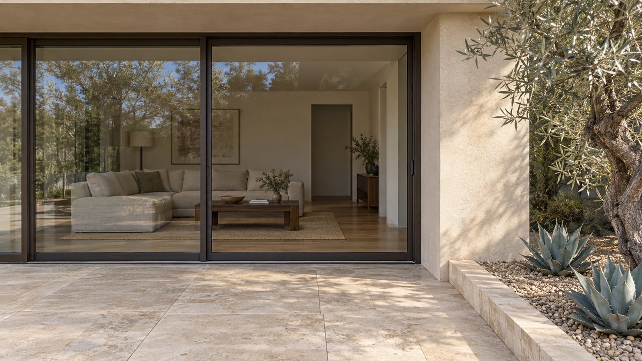 Covered limestone terrace beside bronze-framed glass doors, with an olive tree and two sculptural agaves in a curbed gravel bed.
