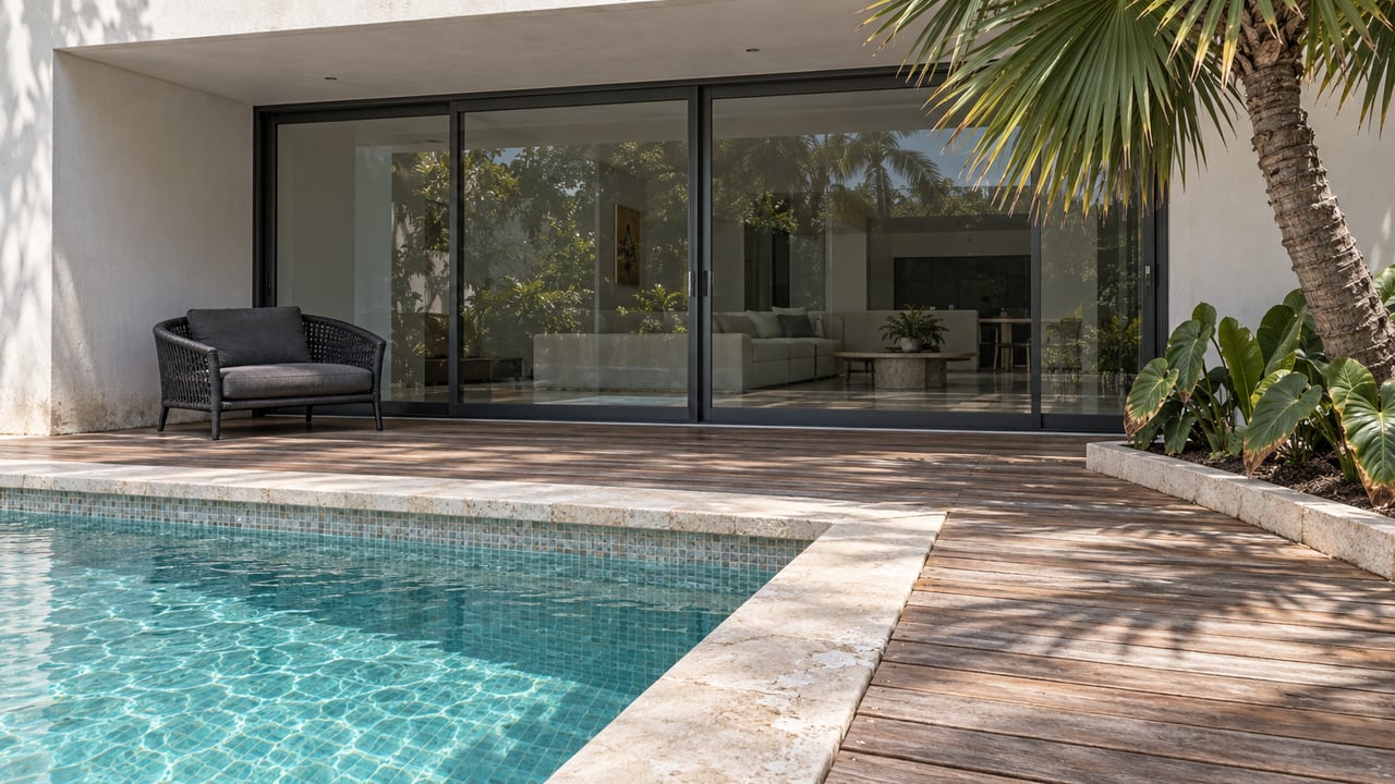 Pool corner with limestone coping and timber decking beside a white modern home, dark sliding glass doors, a woven lounge chair, and a fan palm.