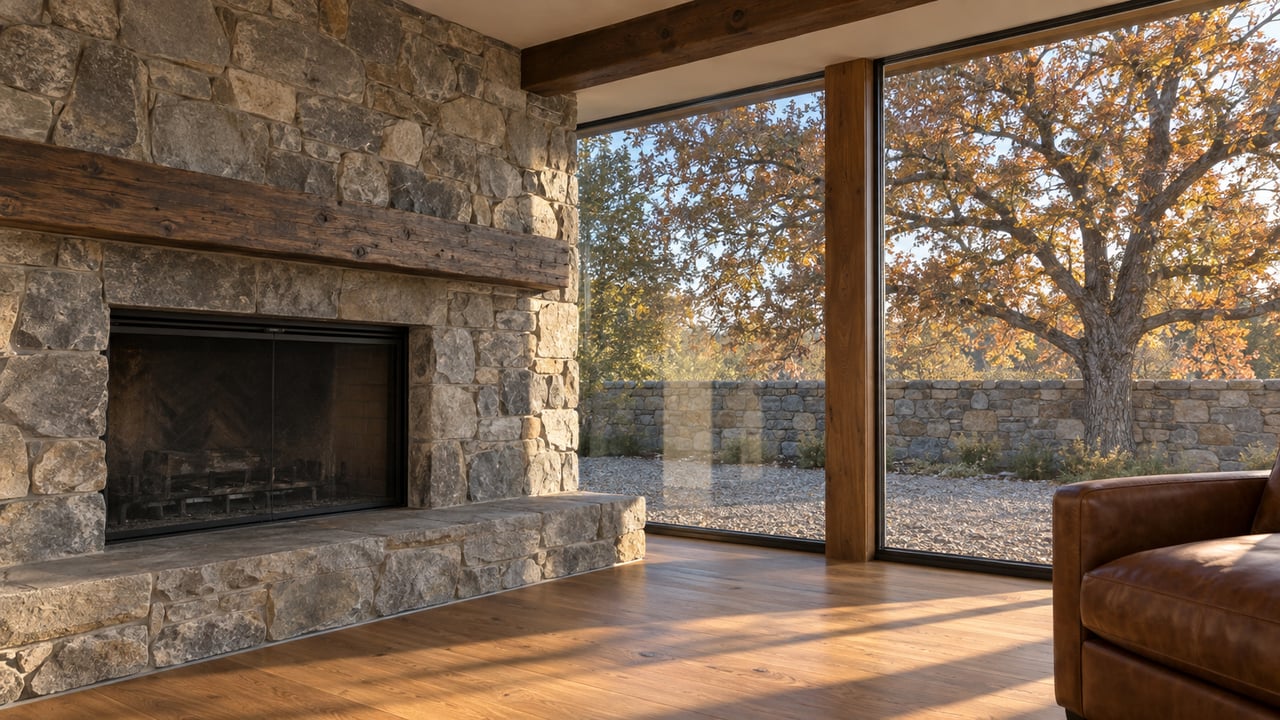Stone fireplace beside a floor-to-ceiling window, with oak flooring, a leather chair, and a copper-leaved tree outside.