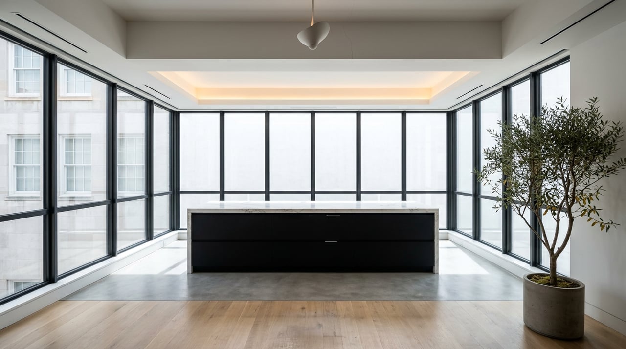 Open-plan condominium kitchen with a veined marble island, black cabinets, steel-framed windows, and a potted olive tree.
