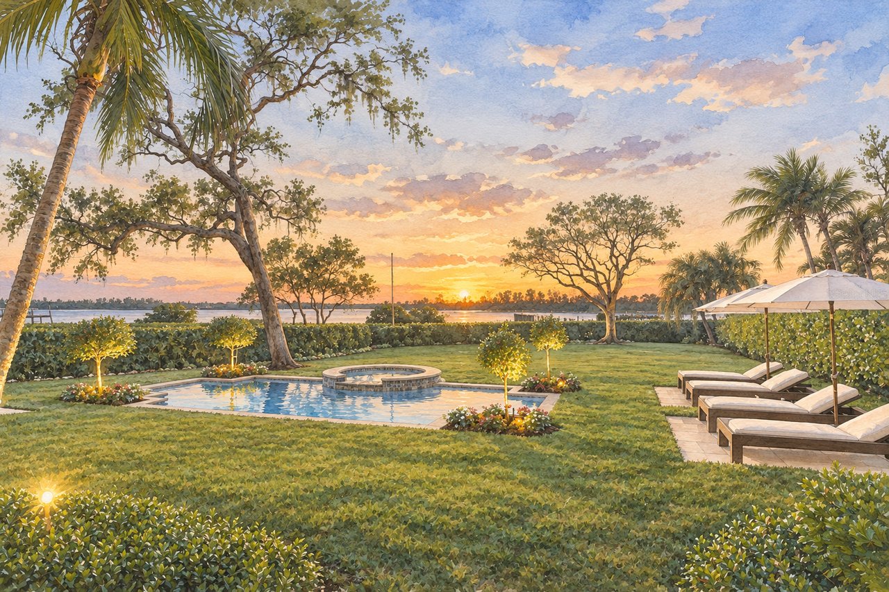 Waterfront backyard with a pool, circular spa, landscaped lawn, and lounge chairs at sunset.