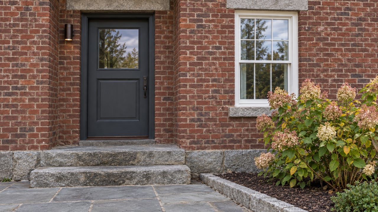 Weathered red-brick home entrance with a charcoal timber door, white sash window, granite steps and a hydrangea beside the stone approach.