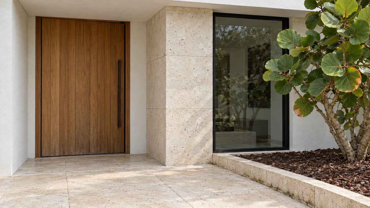 Sheltered white stucco home entrance with an oak door, pale shell limestone, black-framed glazing and a sculptural sea grape.