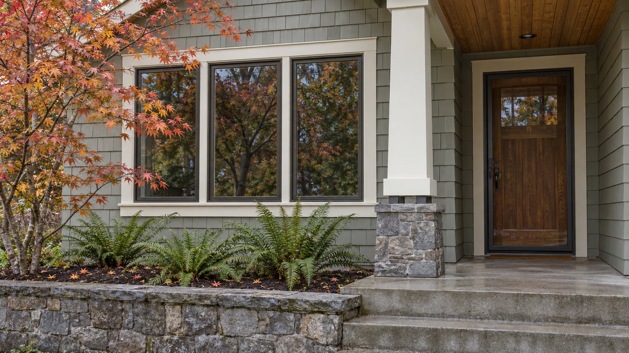 Gray-green shingled cottage entry with a broad window, stone garden wall, autumn vine maple and sword ferns in soft morning light.