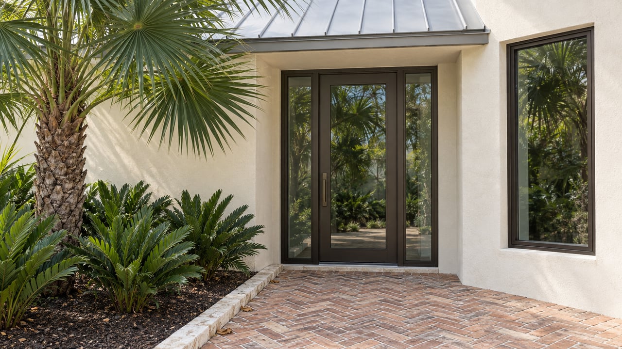 Recessed bronze-framed glass entry in cream stucco, approached by herringbone brick beside a palm and cycads.