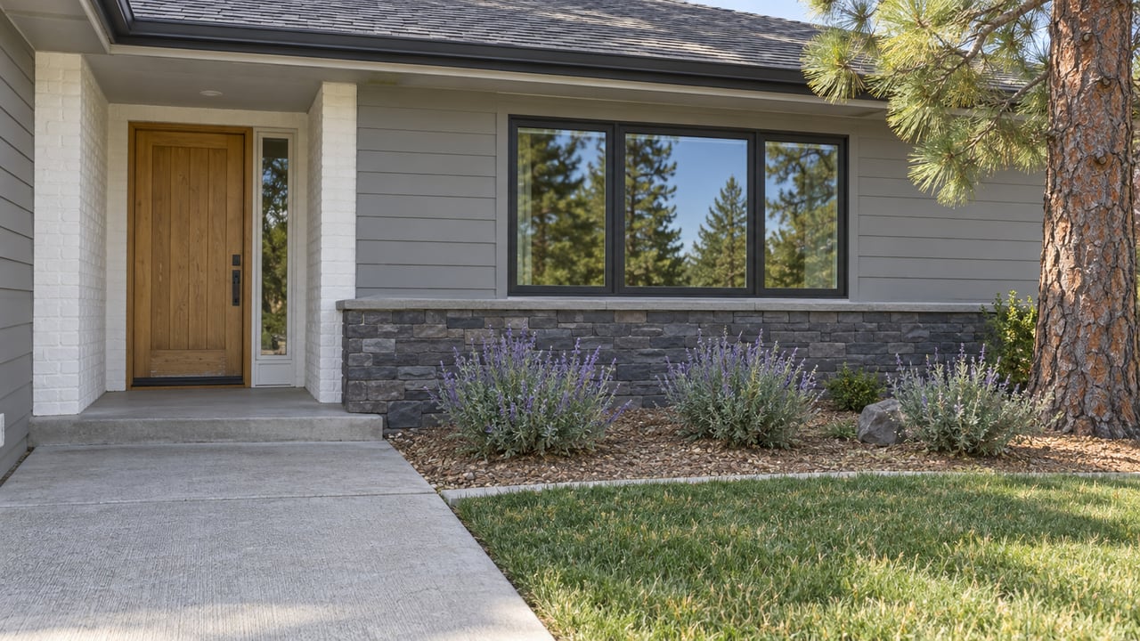 Gray-sided ranch entrance with an oak door, black-framed window, basalt veneer, concrete walk, and silver flowering plants beneath a pine.