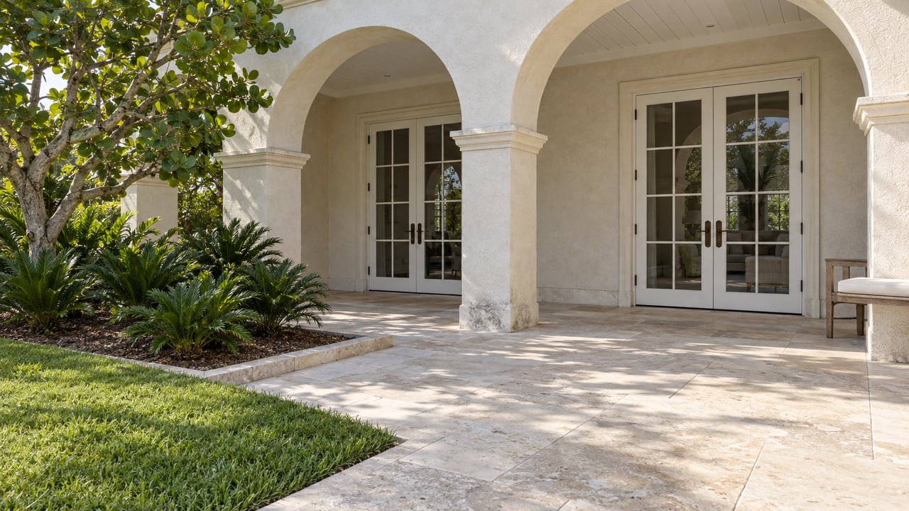 Sunlit ivory arched loggia with closed French doors, worn pale limestone flooring, a teak bench and carefully edged tropical planting.