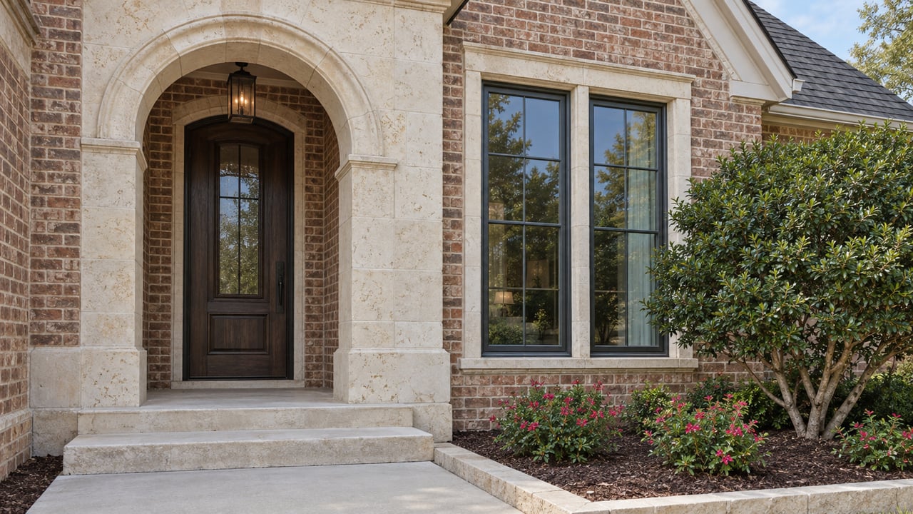 Brick home entry with a cream limestone arch, dark oak door, paired windows, and a sculptural yaupon beside broad stone steps.