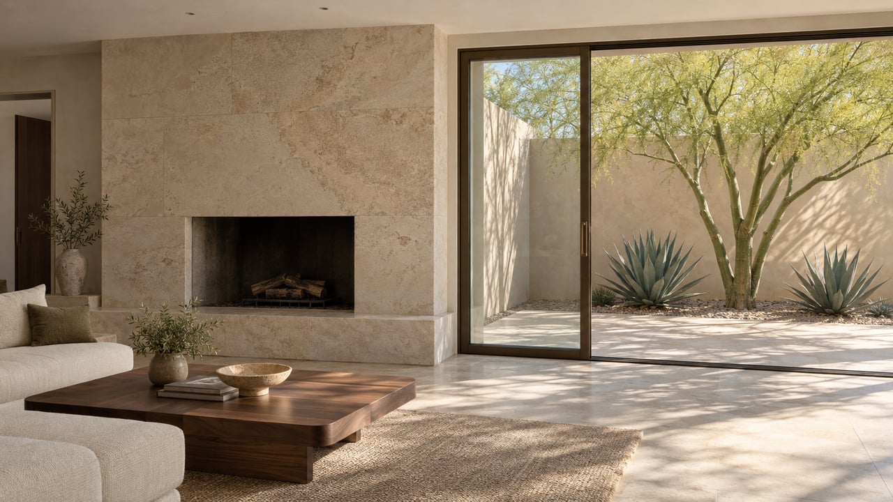 Desert-modern living room with a limestone fireplace, cream sofa, and bronze-framed glass doors opening to a courtyard.