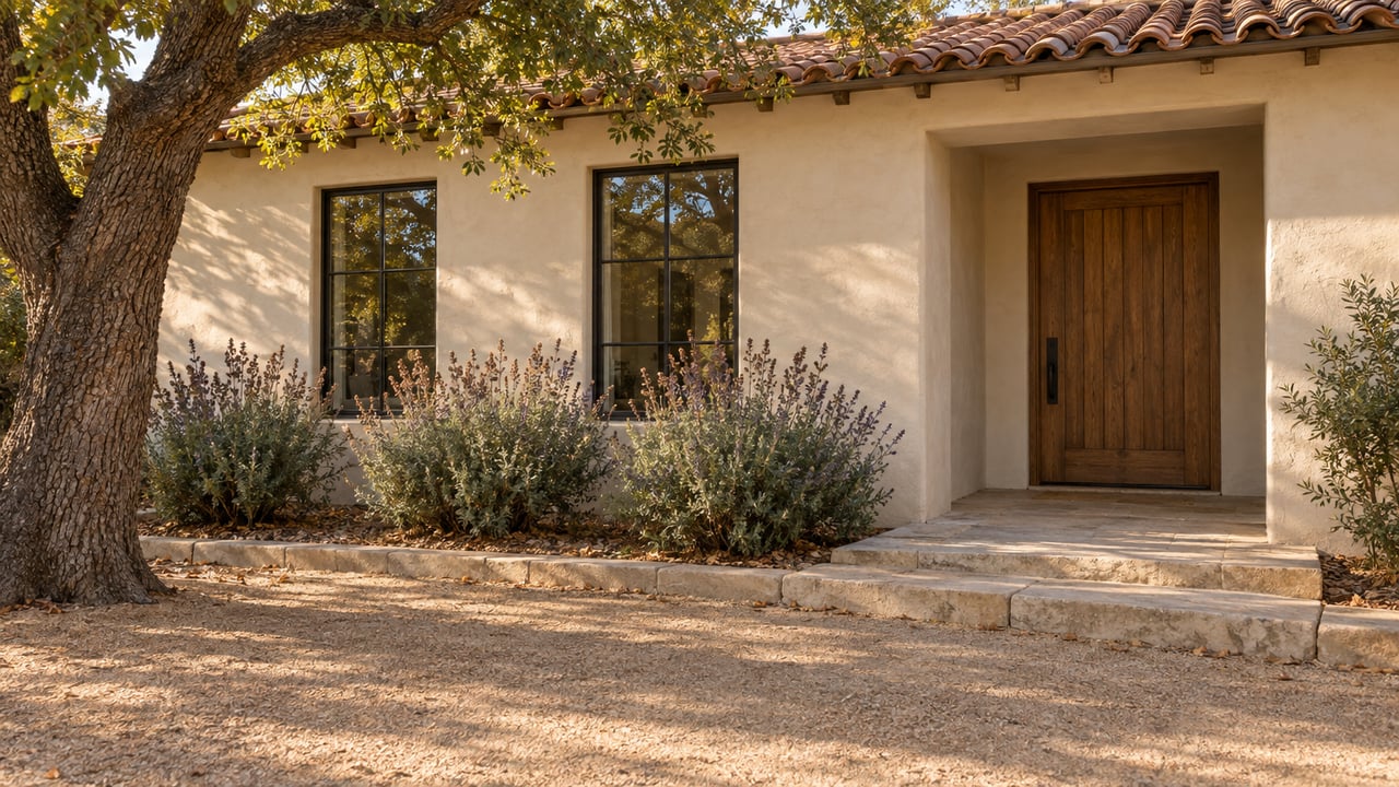 Stucco home entry with a recessed oak door, limestone approach slabs, and oak branches overhead.