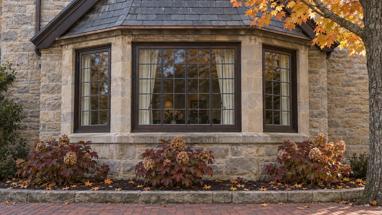 Autumn leaves frame a limestone home’s leaded-glass window bay above a brick garden walk.
