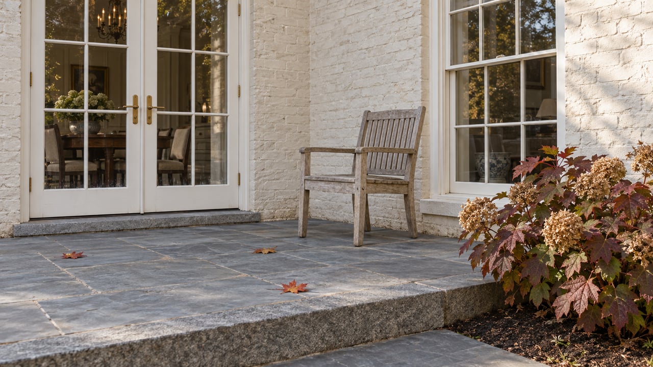 Painted brick home with tall divided-light doors, bluestone terrace, a weathered teak chair and autumn oakleaf hydrangea.