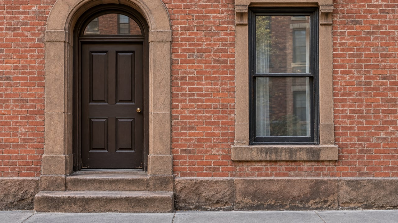 Sunlight grazes a red-brick facade, arched sandstone doorway, dark wood door and adjacent sash window above worn stone steps.